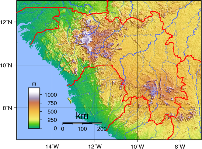 Landkarte, Relief, Topographie, Guinea